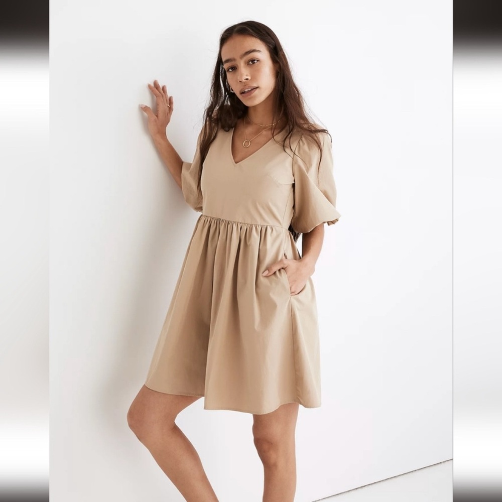 Madewell Poplin V-Neck Bubble-Sleeve Mini Dress Toasted Sesame Size 2